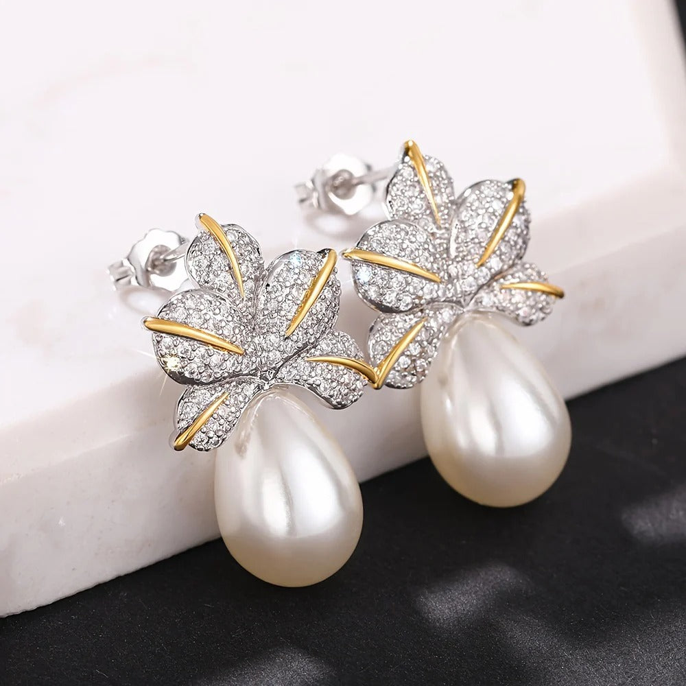 Floral Leaf Earrings with Oval Pearl